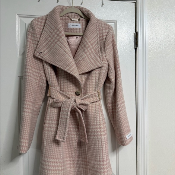Calvin Klein Pink and Cream Houndstooth Trench Coat - Picture 1 of 9